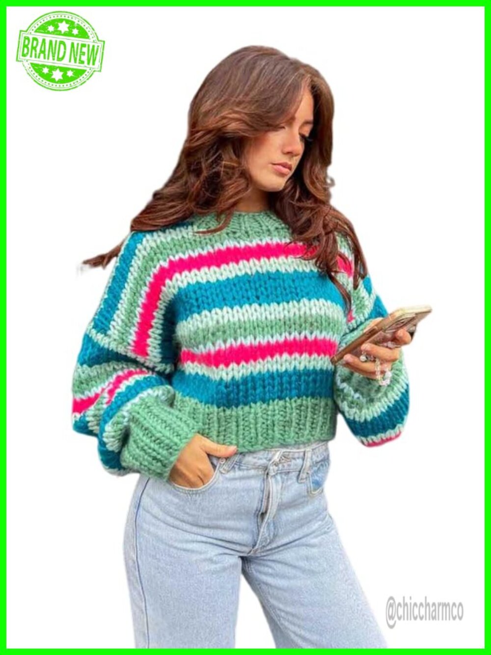 85% Cotton Striped Cropped Knit Pullover Sweater Casual Trendy